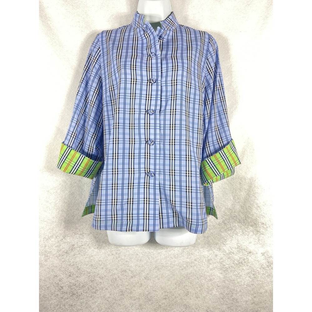 Gretchen Scott Top Women's Small Blue White Button Up 3/4 Sleeves Plaid Preppy